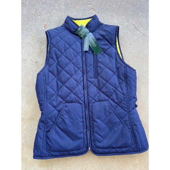 Lauren Ralph Lauren Navy Blue Reversible Quilted Vest Womens Size L With Yellow - Picture 1 of 7